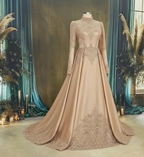 Champagne Muslim Evening Formal Dresses Applique High Neck Long Sleeve Prom Gown