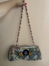 Elegant Beaded Evening Bag Purse Floral Embroidered Sequin Chain Strap Vintage