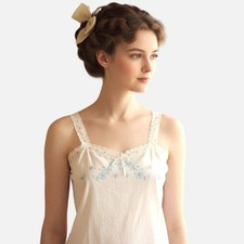 XS Edwardian Cambric Corset Cover Blue Floral Embroidery  Lace Camisole