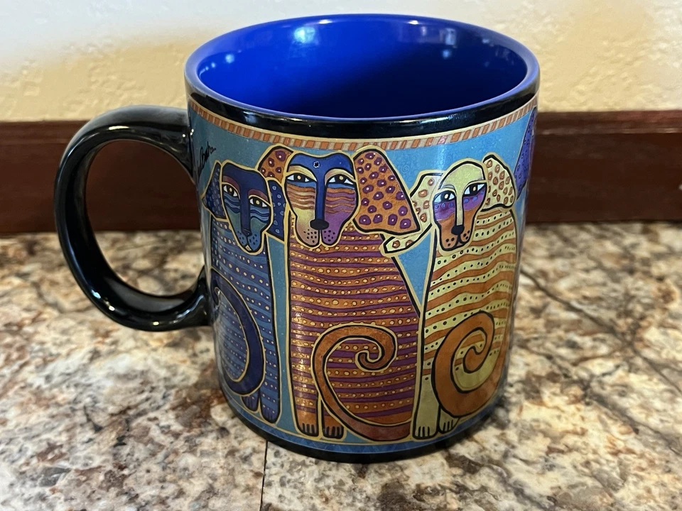 Taza de café de cerámica Laurel Burch Dogs (2014) colección artística azul/negro BONITA Foto 4 de 4