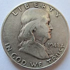 1948-D FRANKLIN HALFDOLLAR, 90% SILVER, VG CONDITION, CIRCULATED NOT CLEANED