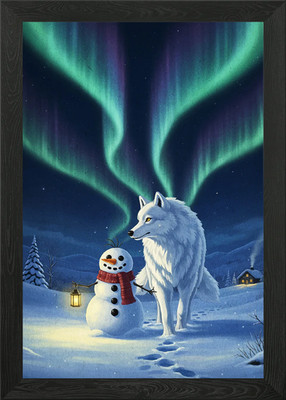 Wolf und Schneemann unter Aurora Borea gerahmtes Wandbild Poster Leinwanddruck Bild