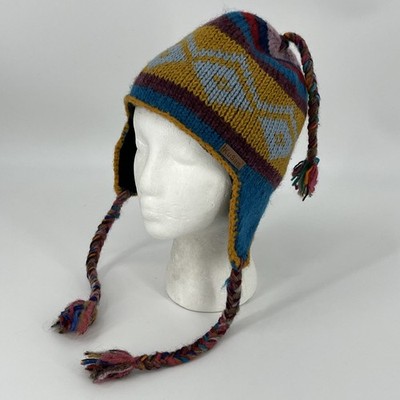 KuSan Ski Beanie Hat - Wool Ear Flap Braids Winter Cap EUC - Handmade in Nepal