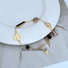New! Tory Gold Plated Black TB Logo Bracelet with Jewelry Pouch Size:22cm
