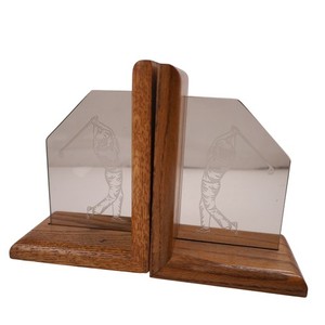 Vintage Golfer Etched Glass Book Ends