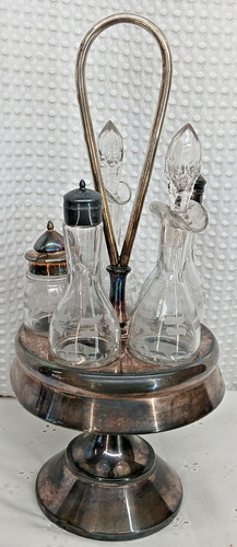 VTG DECO SILVERPLATE REVOLVING CRUET SET 5 ETCHED GLASS BOTTLES CONDIMENT CADDY