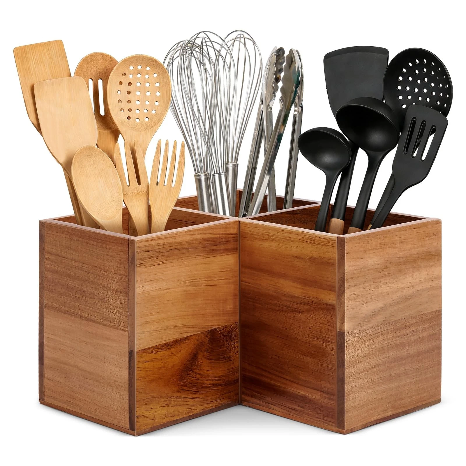 Extra Large Wooden Kitchen Corner Utensil Holder with 3 Compartments, Acacia ...