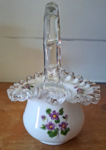 Fenton  Glass Basket Violets in The Snow 6"+ w Handle Vintage Spring