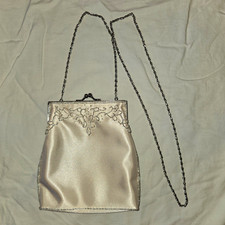 Vintage Ivory Satin Rayon Evening Bag Frame Clutch Beaded Lace Trim Chain Strap