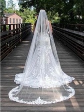 Elegant Lace-Edged White Bridal Veil with Cathedral Train