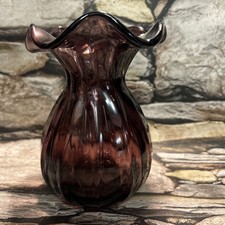 FENTON Vtg Amethyst Purple Glass Vase 5.5  Melon Shape Ruffle Rim