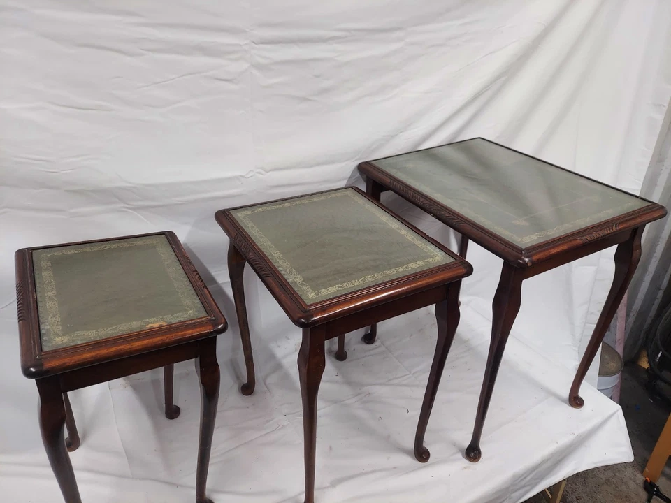 Nest Of Tables - Set Of 3, Carved legs, Solid Wood With leather and glass tops. - Image 2 of 4