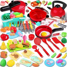 134 Pcs Toy Kitchen Accessories, Toddler Pretend Cooking Toys with BBQ Grill, Pr
