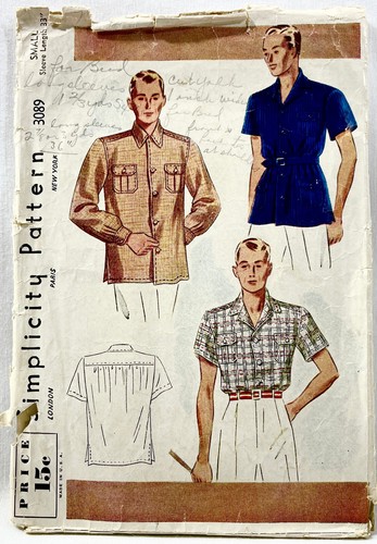 1930s Simplicity Sewing Pattern 3089 Mens Sport Shirts 3 Styles Size S Vtg 13143 - Picture 1 of 2