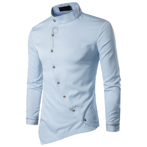 New Mens Tuxedo Long Sleeve Shirts Oblique Button Mandarin Collar Slim