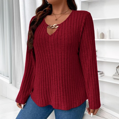 Women V-Neck Long Sleeve Solid T-Shirt Lady Casual Loose Tops Pullover Plus Size - Picture 18 of 25