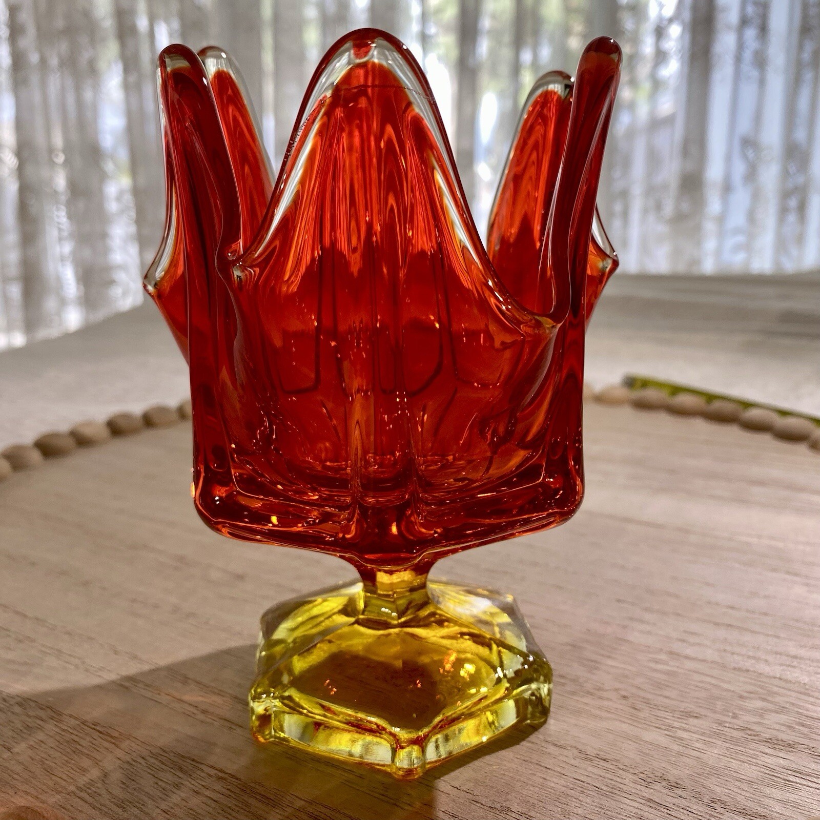 VIKING GLASS UV Glow Handmade Amberina Hexagonal Pedestal Handkerchief Vase