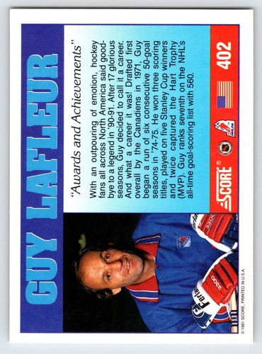 1991 Score GUY LaFLEUR Montreal CANADIENS Awards & Achieve. HOCKEY Card NHL #402 - Picture 2 of 5