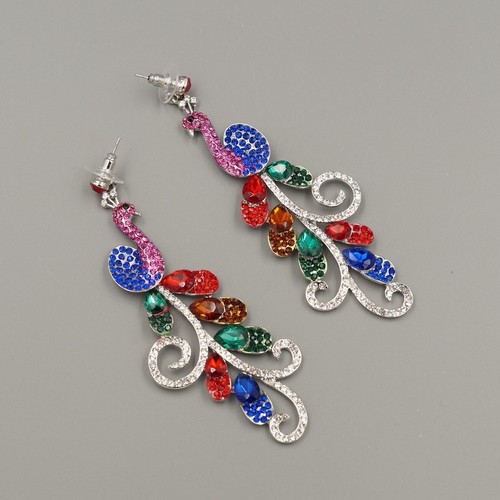 Women Multi-Color Crystal Rhinestone Wedding Drop Dangle Earrings Peacock 01315 - Picture 3 of 4