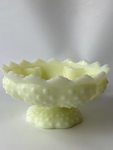 Fenton Custard Uranium Glass Hobnail Pedestal Candle Holder Bowl Centerpiece