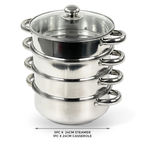 24CM 5PC STEAMER COOKER POT SET PAN COOK FOOD GLASS LIDS 4 TIER STAINLESS STEEL - 第 1/5 張圖片