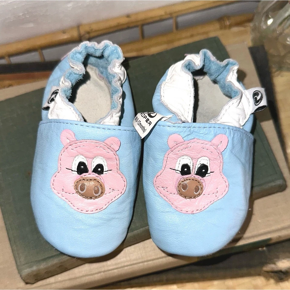 Roper Leather Baby Infant Crib Shoes Blue With Pink Pigs Size 6-12 Months - Image 2 of 4