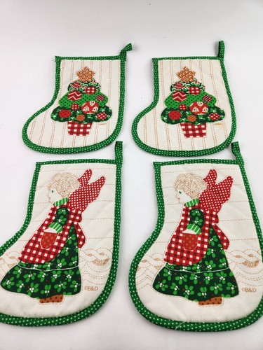 Set of 4 Christmas Tree & Angels Stocking Potholders Cloth Trivets Quilted Vtg