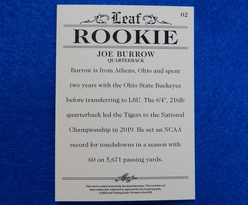 Joe Burrow 2020 LEAF Exclusive #2(02) Only 5000 Made! Rare Rookie Card NEAR MINT - Picture 2 of 2