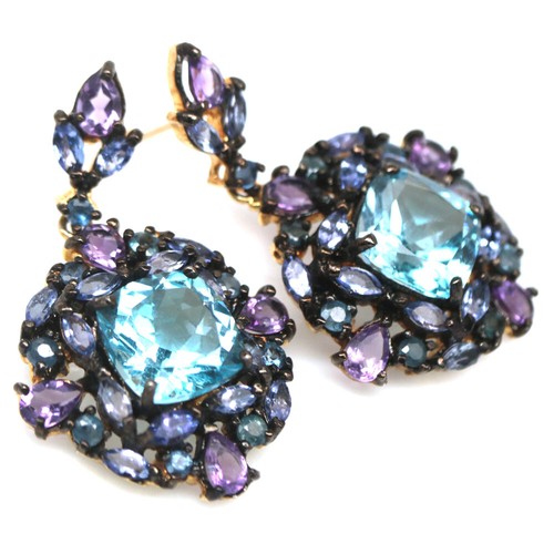 925 Plata de Ley Topacio Azul Cielo, Amatista, Tanzanita & Sapphire Pendientes - Imagen 2 de 4