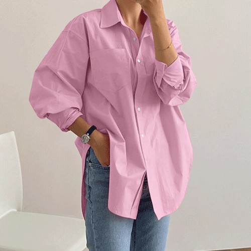 Womens Long Sleeve Plain Lapel Shirts Formal School Business Oversized Tops Tee - Picture 8 of 15