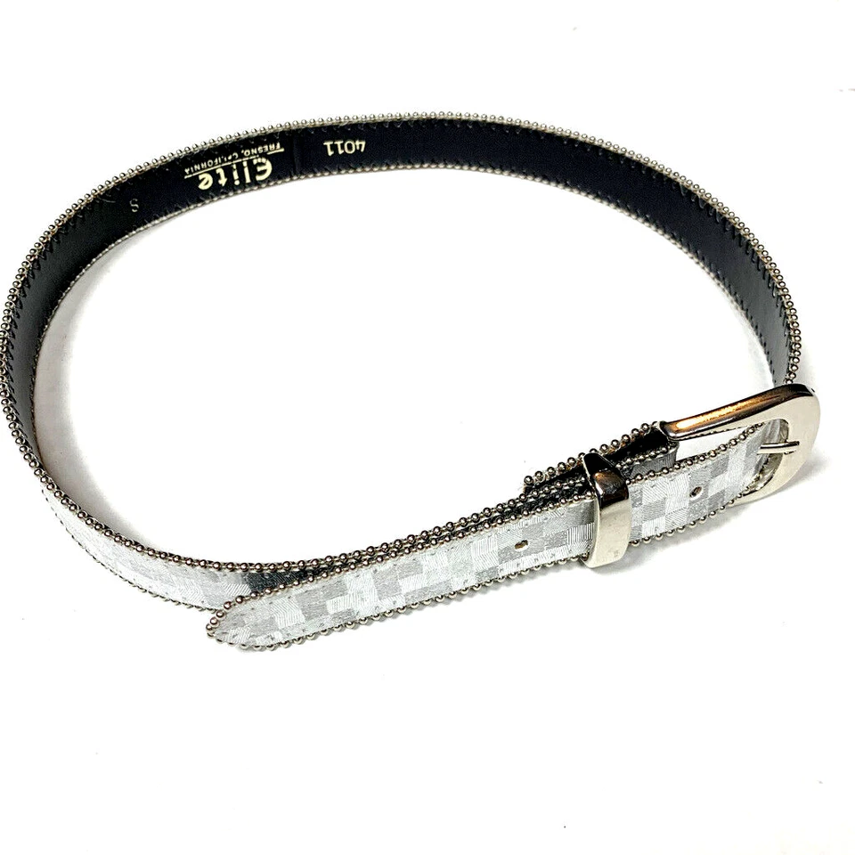 Vintage 90s Elite Fresno CA Womens Small Silver Metallic Belt Skinny Check Print - Image 2 of 4
