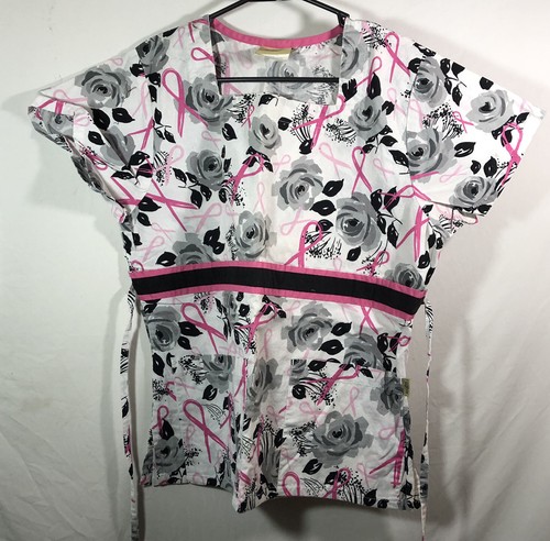 TAFFORD Scrubs Top Size S Pink Ribbons & Gray Roses V-Neck Cotton Pullover - Picture 2 of 9