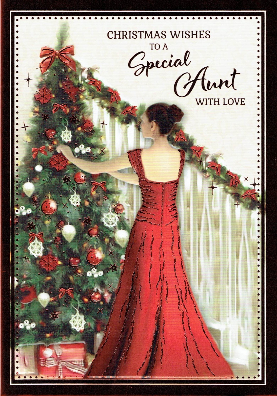Special AUNT CHRISTMAS CARD, Quality Card Beautiful Lady Red Dress Design