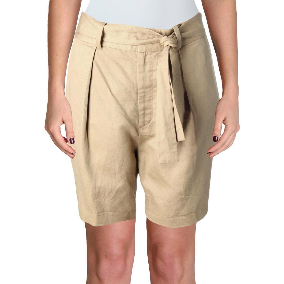 POLO Ralph Lauren Pleated High-Rise Cotton-Linen Khaki Shorts Size