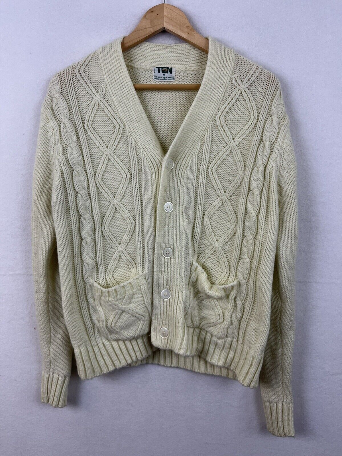 Vintage Ten West 100% Acrylic Cream White Medium Sweater Mens Button Down