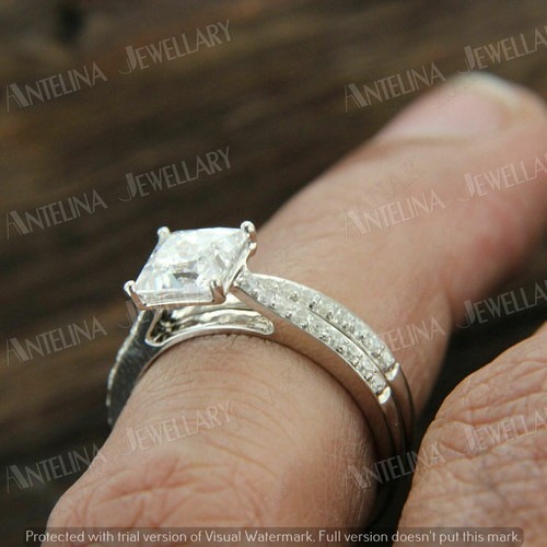 2.50 Ct Princess Simulated Diamond Bridal Set Ring 925 Sterling Silver Plated - Picture 6 of 11