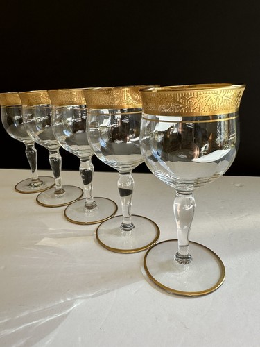 5 Ransgil Rambler Rose Optic Clear Cordial Wine Glasses 5.25" Gold Rim - Picture 3 of 24