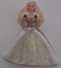 1994 Happy Holidays Barbie Pin - White  Gold Holly Dress