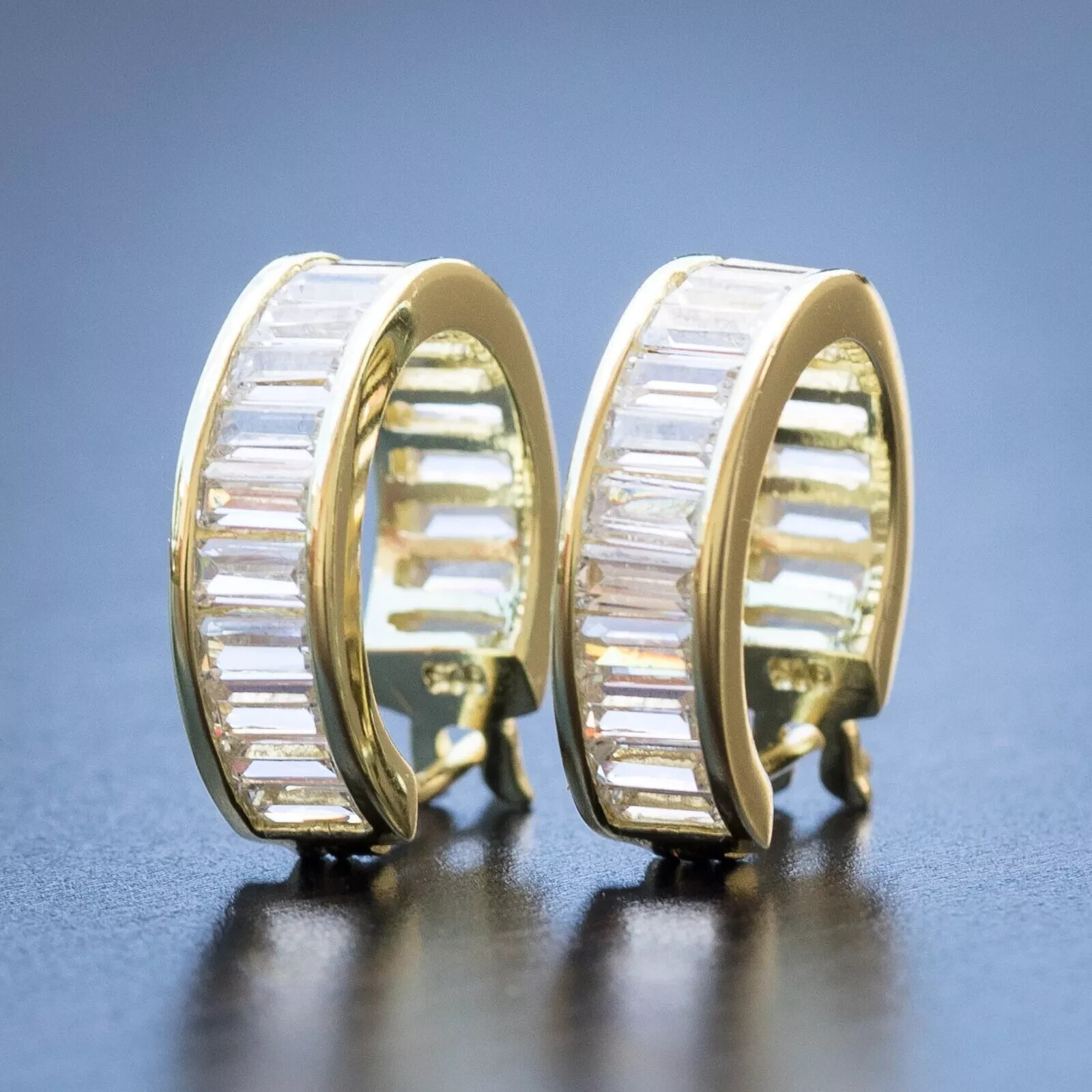 925 Silver Gold Finish Huggie Hoop Earrings with 3 Ct Baguette Simulated Diamond-image