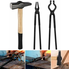3pcs Knife Making Tongs Hammer Set Blacksmith Bladesmith Wolf Jaw V-Bit Tong Kit