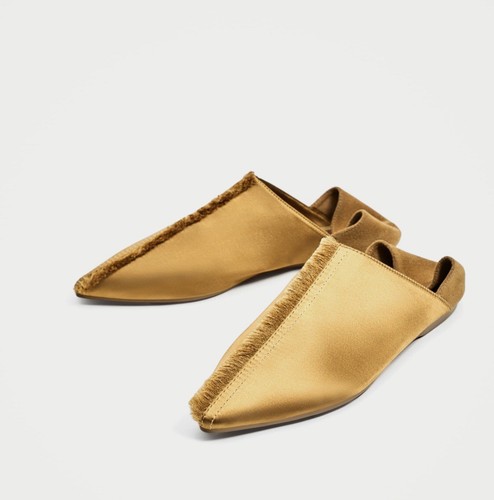 Zara Frayed Yellow Gold Satin Flat Mules New Size 35 | eBay