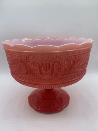 E.O. Brody Holiday Red Milk Glass Compote Fruit Candy Footed Bowl Cleveland Ohio - Picture 3 of 17