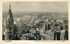 Real Photo Postcard Benjamin Franklin Parkway from P.S.F.S. Bldg, Philadelphia