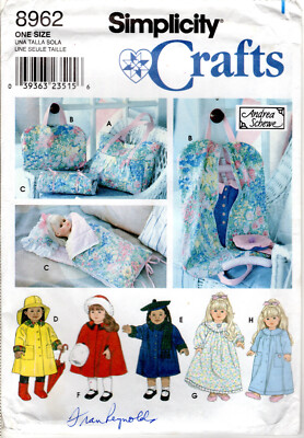 ''18'' Doll Clothes, Tote, Doll Sized Garment Bag & Sleeping Bag'' Simplicity #8962