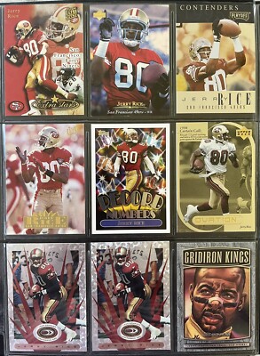 (9) JERRY RICE CARDS. GRID IRON KINGS /5000, PLAYOFF, DONRUSS,ULTRA ++ NM/MT