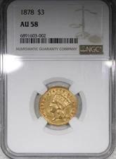 1878 $3 Gold Indian Princess NGC AU58 Circulated Nice Coin