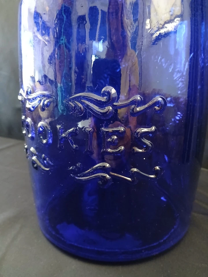 Vintage Cobalt Blue Embossed Aunt Mary's Pure Foods 4 Quart Cookies Canister... - Image 3 of 4