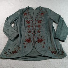 Coldwater Creek Embroidered Open Jacket Sz 14 Gray-Blue Faux Suede Floral Boho