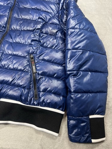Guess Puffer Jacket Mens Large Blue Glossy Quilted Zip Up Shiny Hooded Insulated - Picture 5 of 20