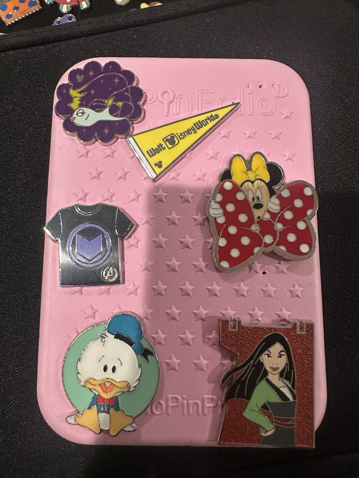 6  Authentic Disney Pins That Comes with A Pink  Pinfolio Board